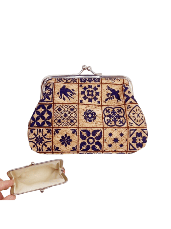 4inch Vintage Cork Print Kiss-lock Coin Purse – Eco-friendly Retro Tile & Floral Wallet for Women