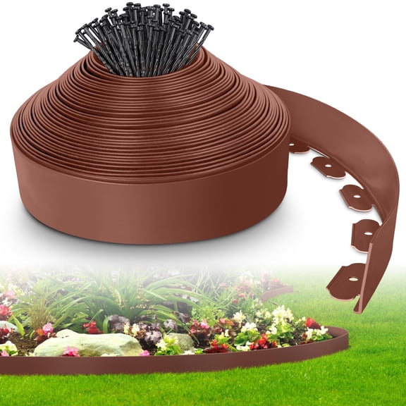 4inch x 50ft Landscape Edging Border with 75 Spikes, Garden Edging Lawn Border Kit, Plastic Edging Border Flexible for Garden Flower Beds Lawn Yard Pathway Paver Edging (Brown)