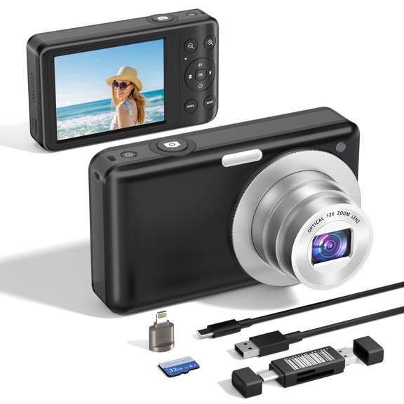 PORTWORLD 4K HD Video 4x Digital Zoom 64 MP COMS Point & Shoot Digital Camera with 2 Batteries, USB Card Reader, Data Cable, 32GB SD Card, Black