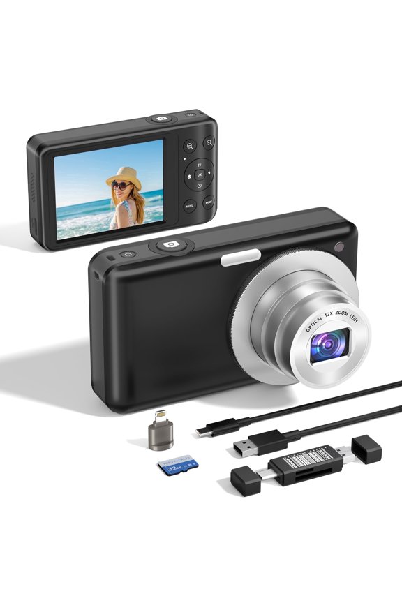 4K 4x Digital Zoom 64 MP COMS Point & Shoot Digital Cameras with 2 Batteries, USB Card Reader, 32GB SD Card, Black