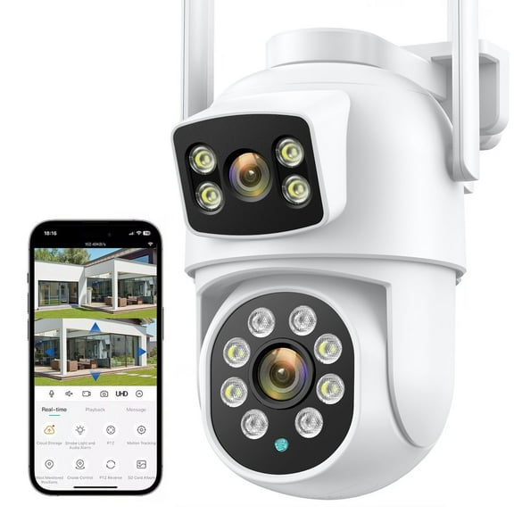 4k 8MP Security Camera Outdoor Dual Lens, 2.4Ghz&5Ghz WiFi 360° PTZ Surveillance Camera with Dual Screen,2-Way Audio,Color Night Vision,Auto Tracking,IP66 Waterproof