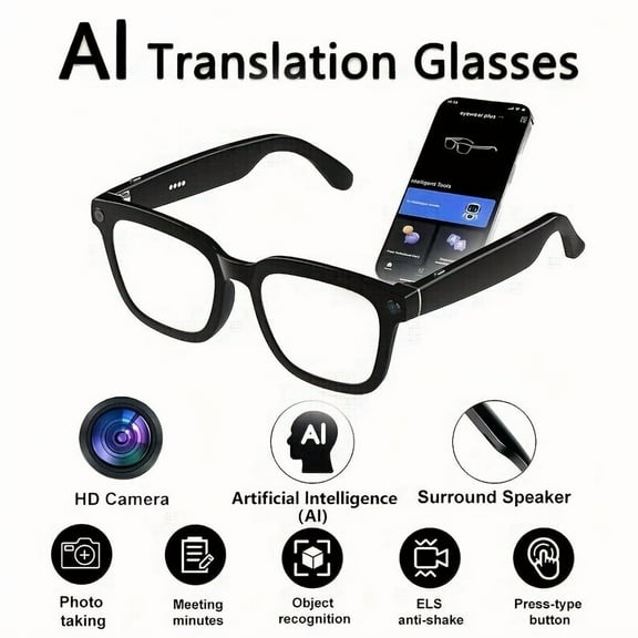 4k Camera Glasses, Ai Smart Glasses with Real-Time Translation & Object Recognition, Open-Ear Audio, Ultra-Light Design, Max 8hrs Playtime for Outdoor, Work, Travel, Business - Black