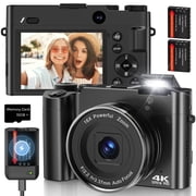 Digital Camera for Photography 4K 64MP Vlogging Camera for YouTube with 32GB SD Card, 2x Battery, 16X Zoom Point and Shoot Video Camaras, Dual Lens Flash Autofocus Black