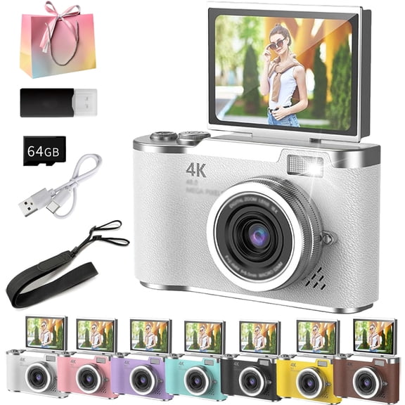 4k HD Flip-Screen Digital Camera, 2026 Upgrade Digital Retro High-Definition Portable Small Camera with Lanyard, 180Flip Screen Auto Focus, with 64G Card for Beginner (White)