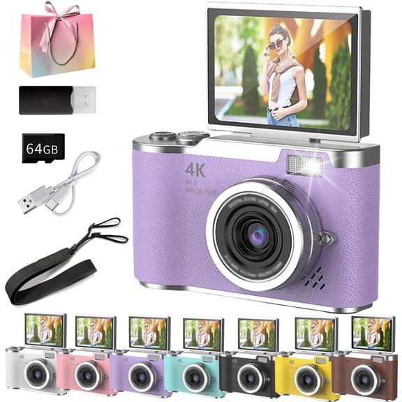 4k HD Flip-Screen Digital Camera, 2026 Upgrade Digital Retro High-Definition Portable Small Camera with Lanyard, 180Flip Screen Auto Focus, with 64G Card for Beginner (A)