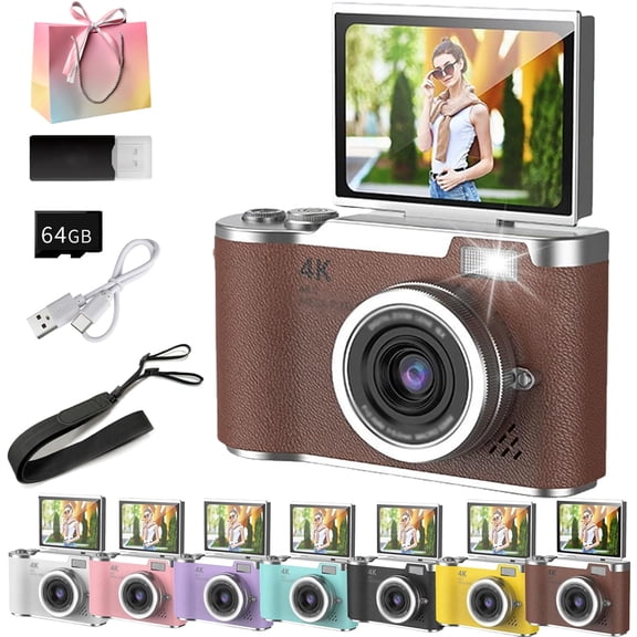 4k HD Flip-Screen Digital Camera, 2026 Upgrade Digital Retro High-Definition Portable Small Camera with Lanyard, 180Flip Screen Auto Focus, with 64G Card for Beginner (Brown)