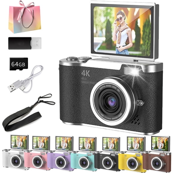 4k HD Flip-Screen Digital Camera, 2026 Upgrade Digital Retro High-Definition Portable Small Camera with Lanyard, 180Flip Screen Auto Focus, with 64G Card for Beginner (Black)
