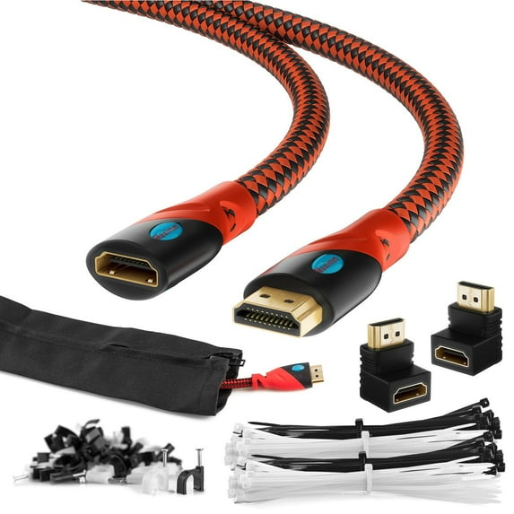 MAXIMM HDMI Male To Female Extension Cable 6FT For Ethernet 3D 4K Audio Return Blu-Ray Playstation XBox Streaming Jacketed Shielded Cables - Cable Sleeve Ties Clips 90 & 270 Degree Adapter Included