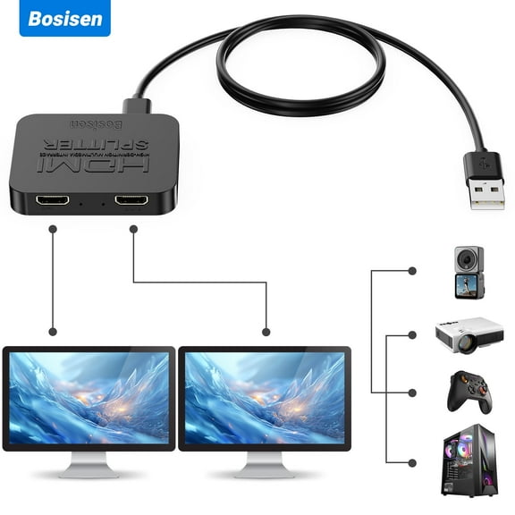 Bosisen 4k HDMI Splitter 1 in 2 Out HDMI Splitter for Dual Monitors Duplicate Mirror Support HDMI2.0b 60Hz Full HD 1080P 3D 18.5G Blackbps for Xbox PS4 Blu-Ray Player HDTV