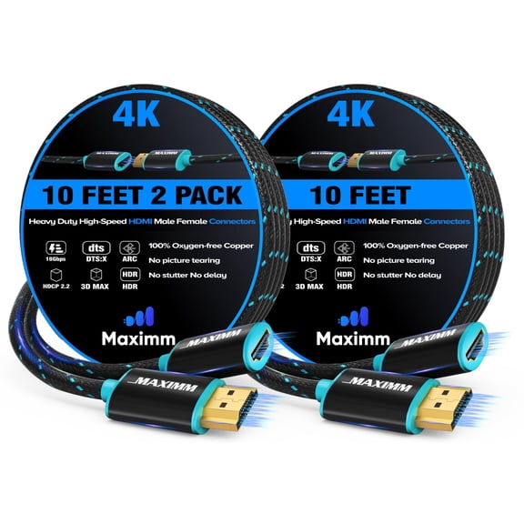 Maximm 10ft 4K High Speed HDMI 2.0 Extender Cord, Durable Braided 2-Pack