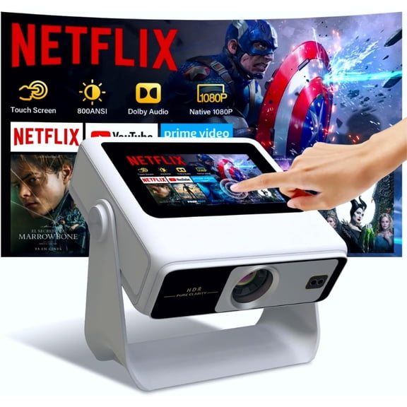 4k Support Projector with WiFi and Bluetooth,TouchScreen Portable Outdoor Smart Auto Focus & Touch Control, Built-in 1,000+ Apps Native 1080P Mini Movie Proyector for Home ater