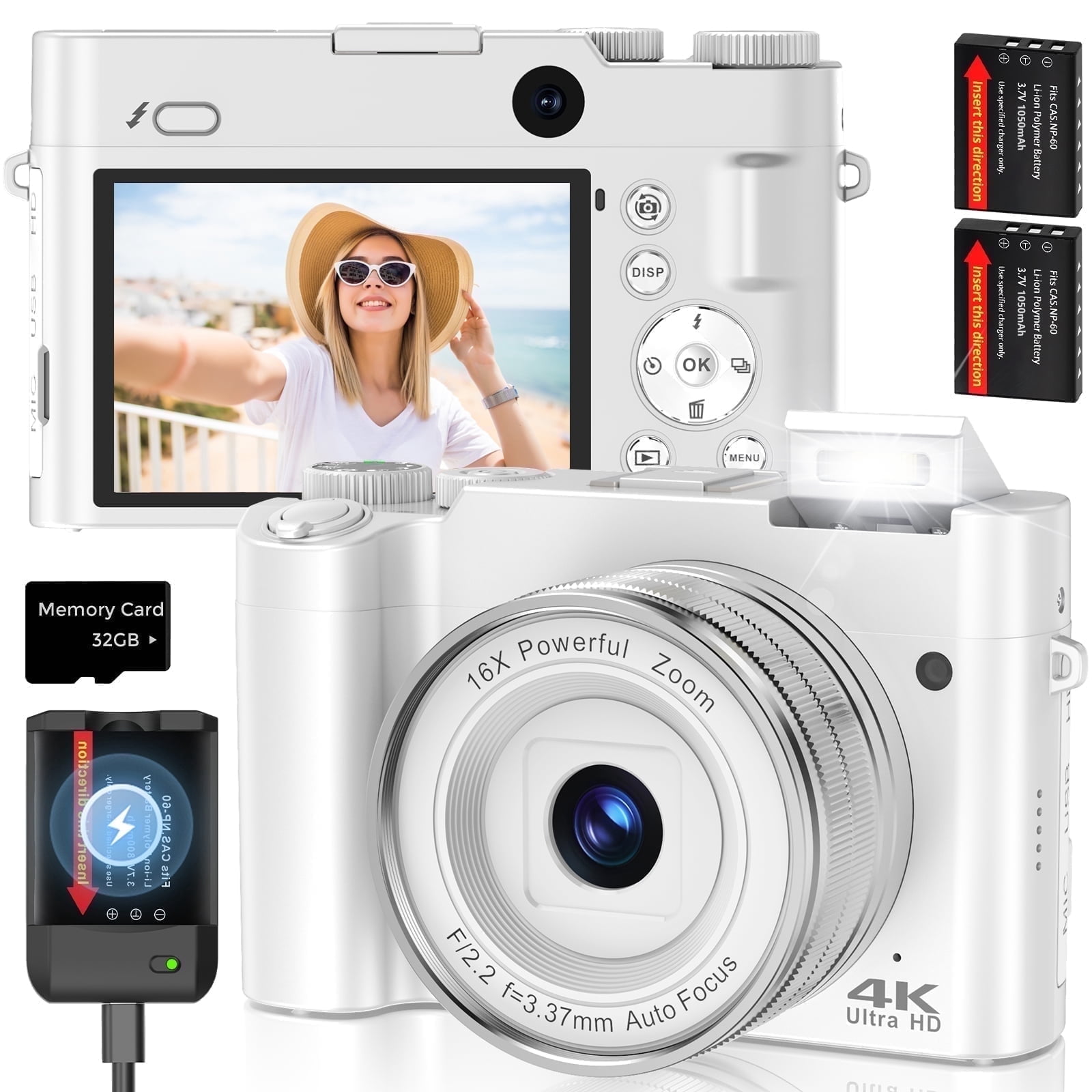 Digital Camera for Photography 4K 64MP Vlogging Camera for YouTube with 32GB SD Card, 2x Battery Charger, 16X Zoom Point and Shoot Video Camaras, Dual Lens Flash Autofocus (White)