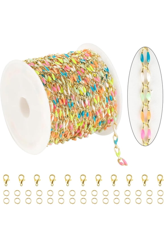 4m 13Ft Colorful Oil Drop Glaze DIY Jewelry Chain Set-16K Gold Plated Nickel-lead Safe Brass Material, Hypoallergenic, Jumping Ring and Lobster Buckle- for Making Jewelry and Fashion Accessories