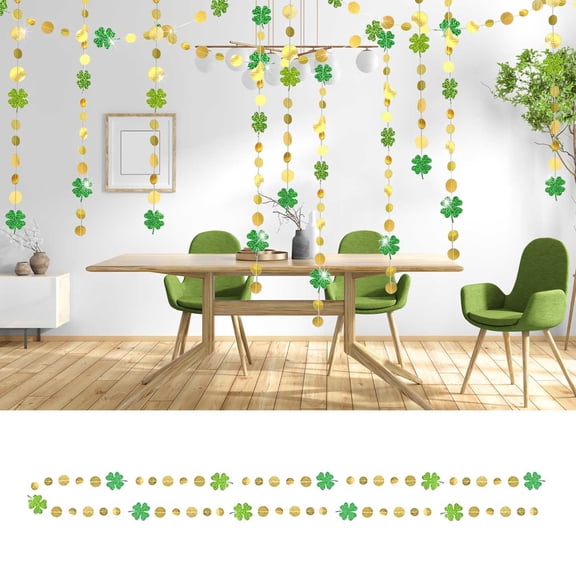 4m Glitter Green St. Patrick's Day Four-Leaf Clover Wreath Garland, Reusable Sturdy Cardstock, Easy To Hang Decor, Irish Festival Spring Party Home Wall Door Ceiling Decoration