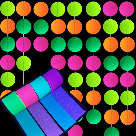 4m UV Round Dot Neon Paper Garland Glow in The Dark Circle Dots Black Light Reactive Fluorescent Crepe Paper Streamer Rolls Decorations for Wedding Birthday Banner Dark Glow Party Supplies