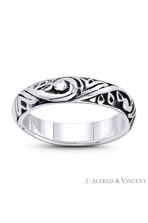 4mm (0.16in) Swirl Pattern "Wind Gust" Engraved Design Right Hand Ring Stackable Band in Oxidized .925 Sterling Silver