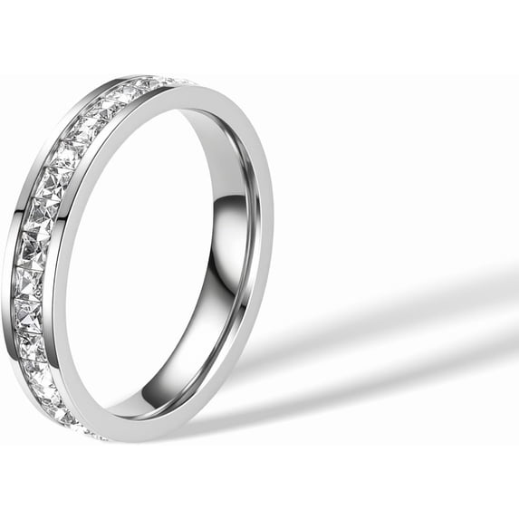 4mm 14k Gold Plated Cubic Zirconia Simulated Diamond Princess Cut Channel Set Stackable Eternity Non Tarnish Comfort Band Ring for Women