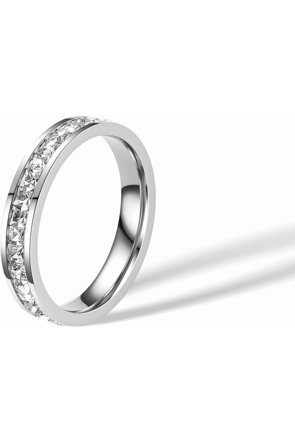 4mm 14k Gold Plated Cubic Zirconia Simulated Diamond Princess Cut Channel Set Stackable Eternity Non Tarnish Comfort Band Ring for Women
