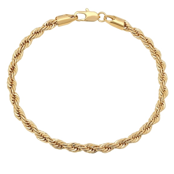 4mm 14k Yellow Gold Plated Twisted Rope Chain Bracelet, 7 inches
