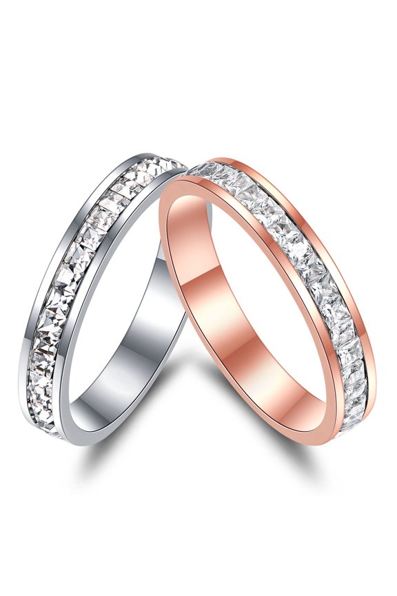 4mm 2pcs Women Silver Rose Gold Stainless Steel Ring Set Wedding Ring Small Square Zircon Titanium Steel Inlay Promise Ring Size 6-11