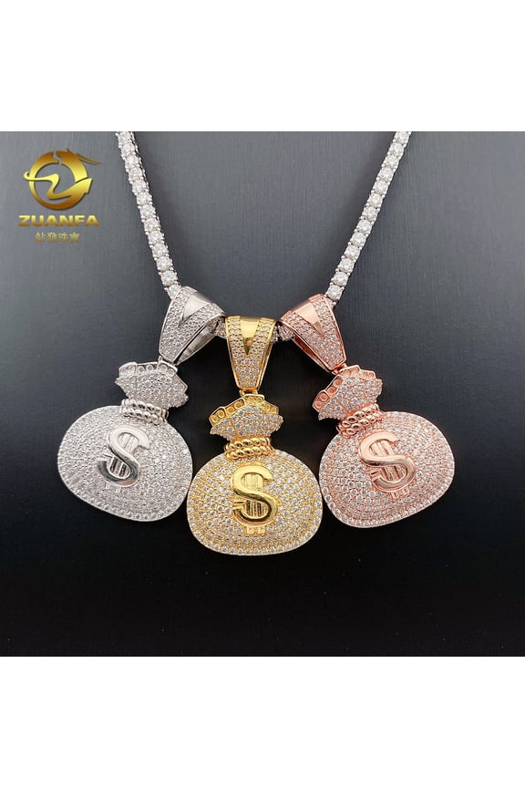 New s925 Silver Beauty Money Bag Pendant for Men and Women, European and American Hip Hop Rectangular Mozambique Pendant Necklace