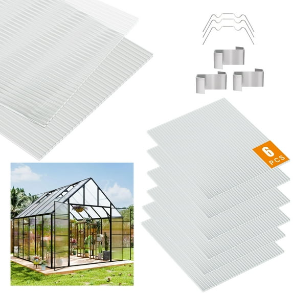 4mm 6Pcs Twin-Wall Greenhouse Panels, Polycarbonate Roof Panels, Waterproof UV Protected Reinforced Sheets, DIY Panels Outdoor Garden and Greenhouse Covering