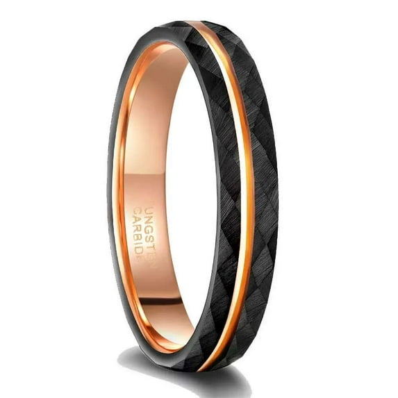 4mm 6mm 8mm Tungsten Carbide Wedding Rings for Men & Women – Hammered Rose Gold Line, Multi-Faceted Brushed Matte Finish, Comfort Fit, Size 6-23