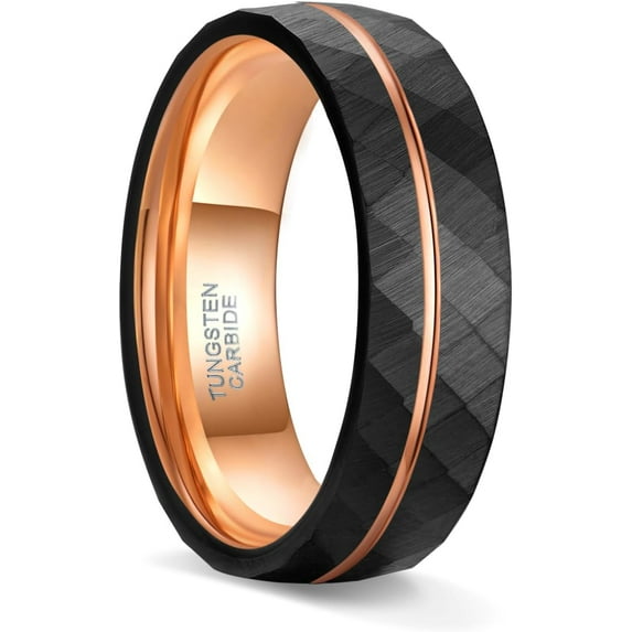 4mm 6mm 8mm Tungsten Carbide Wedding Rings for Men & Women – Hammered Rose Gold Line, Multi-Faceted Brushed Matte Finish, Comfort Fit, Size 6-38