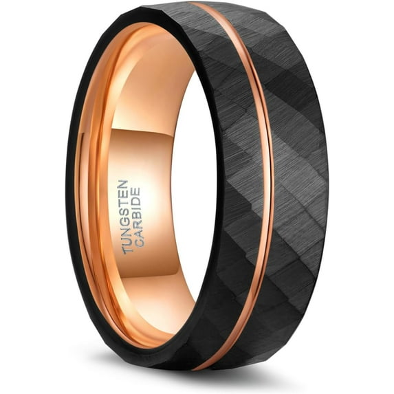 4mm 6mm 8mm Tungsten Carbide Wedding Rings for Men & Women – Hammered Rose Gold Line, Multi-Faceted Brushed Matte Finish, Comfort Fit, Size 6-55