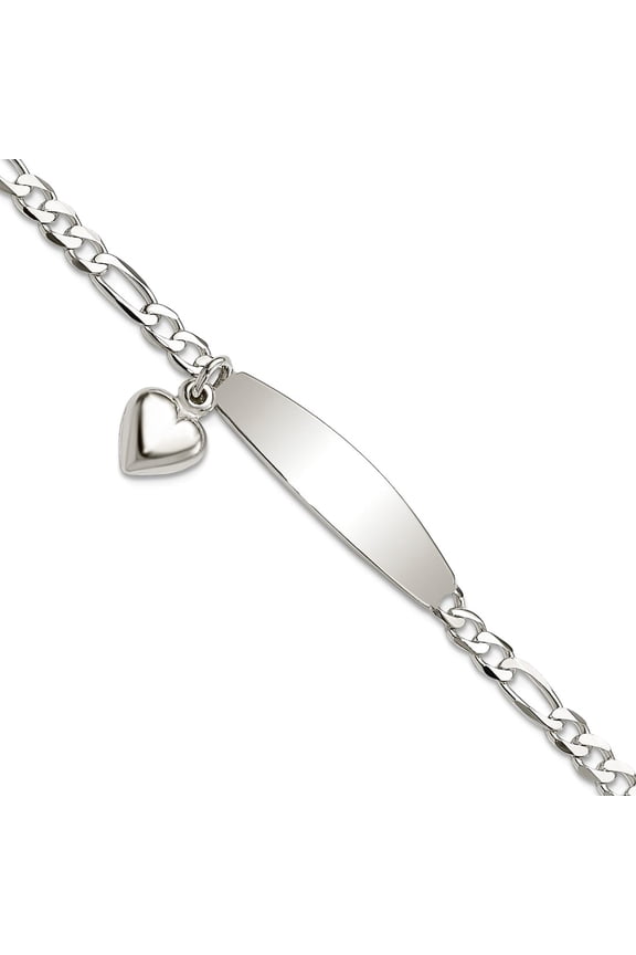 4mm 925 Sterling Silver Polished Figaro ID Love Heart Dangle Bracelet 8.5 Inch Identification Bracelet for Women