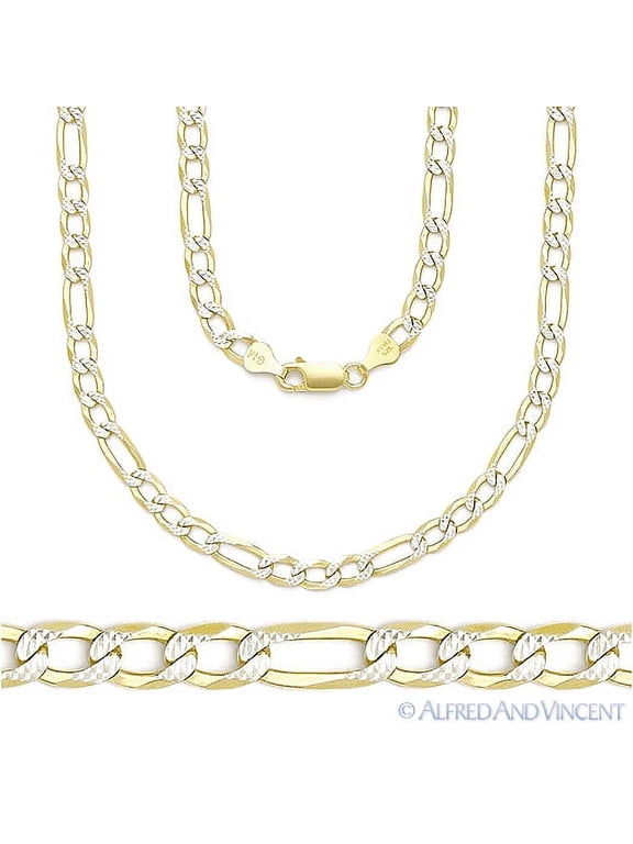 4mm Figaro / Figaroa D-Cut Pave Link Italian Chain Necklace in .925 Sterling Silver w/ 14k Yellow Gold
