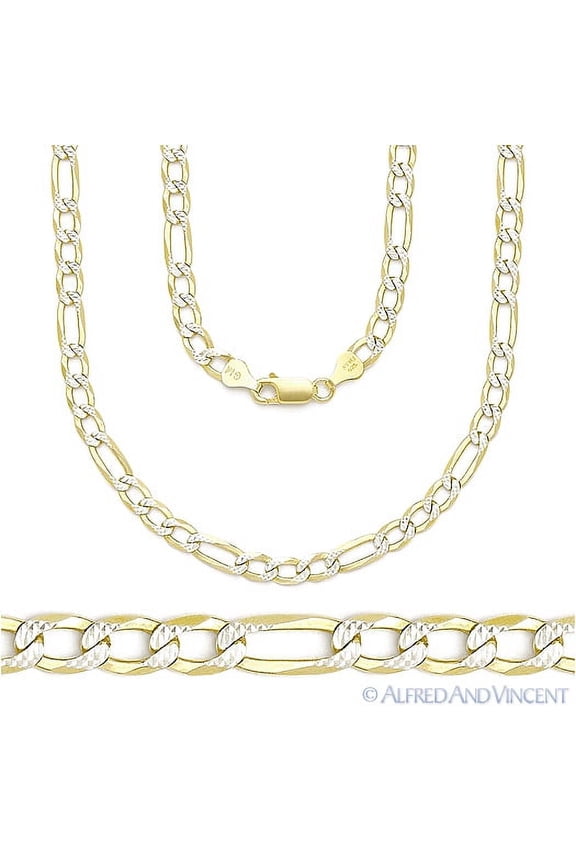 4mm Figaro / Figaroa D-Cut Pave Link Italian Chain Necklace in .925 Sterling Silver w/ 14k Yellow Gold