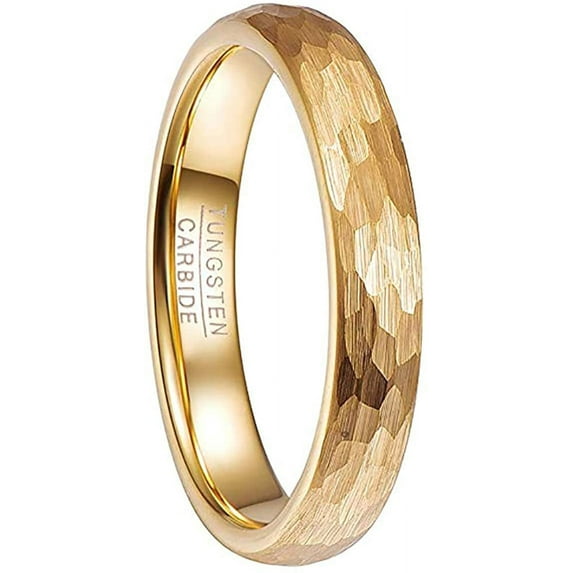 4mm Gold Hammered Tungsten Ring for Women Multifaceted Wedding Band Burshed Finish