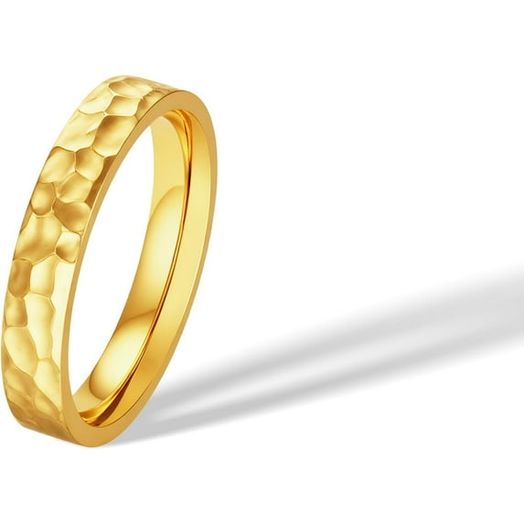 4mm Hammered Gold Band Ring,14K Gold Plated Titanium and Stainless Steel Non Tarnish Stacking Statement Ring for Women Men