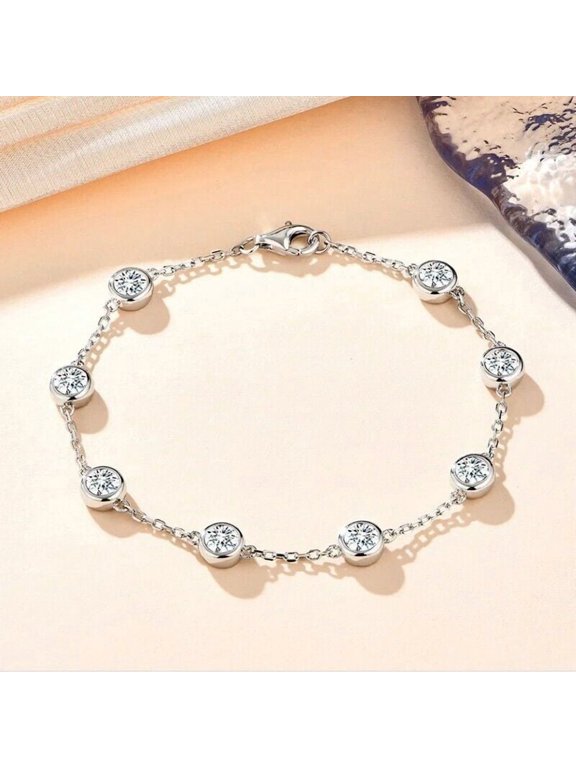 4mm Lab Created Diamond Bubble Bezel Bracelet Women 14K White Gold Plated 7 INCH Round Cut