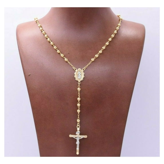 4mm Cross Rosary Unisex Adult Chain Necklace 10K Yellow Gold, All Sizes - GOLDUM NYC