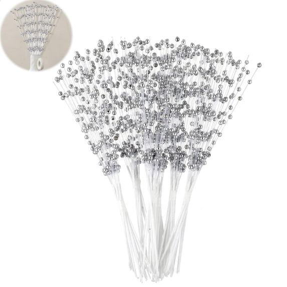 4mm Pearl String Beaded 50PCS Elegant Bridal Bouquet Picks Silver Flower Arrangement Pearl Sticks Christmas Tree Picks for Home Office
