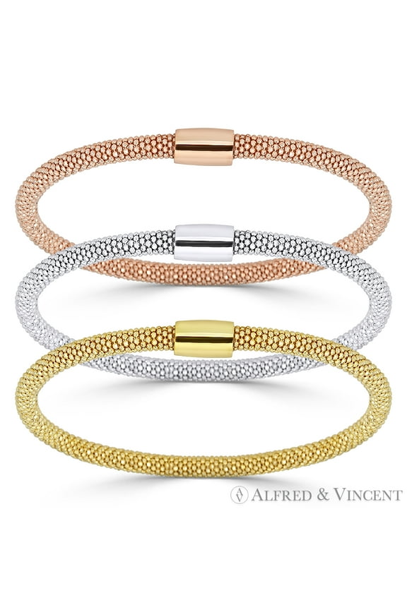 4mm Popcorn Link Chain Magnetic-Clasp Cuff Bangle in .925 Sterling Silver