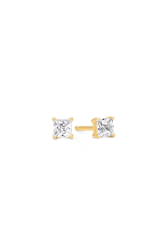 4mm Square CZ Stud Earrings, 18K Gold-Plated 925 Sterling Silver, Cubic Zirconia Earring Studs, Hypoallergenic for Women