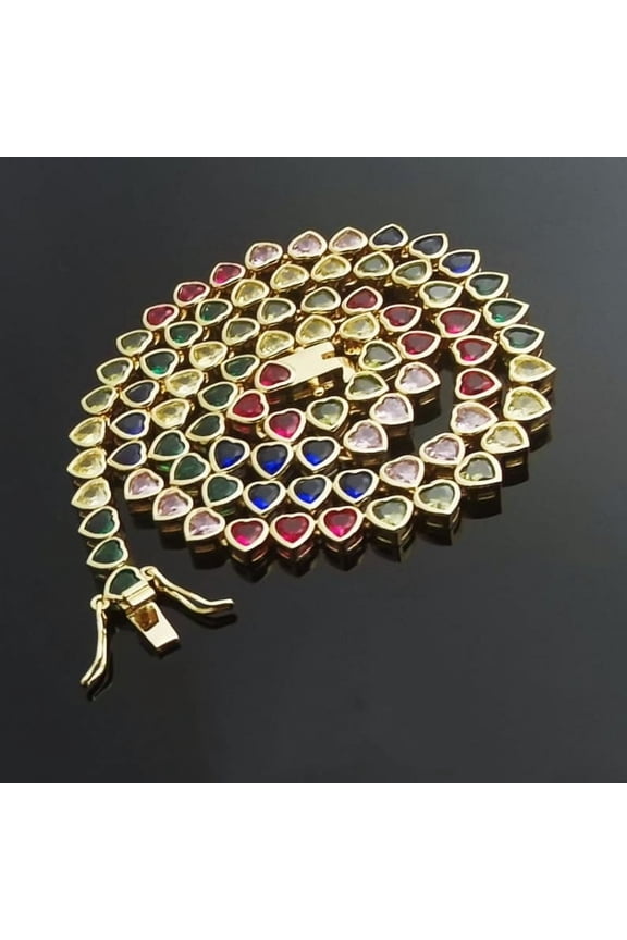 4mm Rainbow Heart Tennis Necklace Bracelet/Multi Color Gemstones Choker/14K Gold/White Gold/Eternity Riviera Bling CZ CollarJewelry/Gift Box