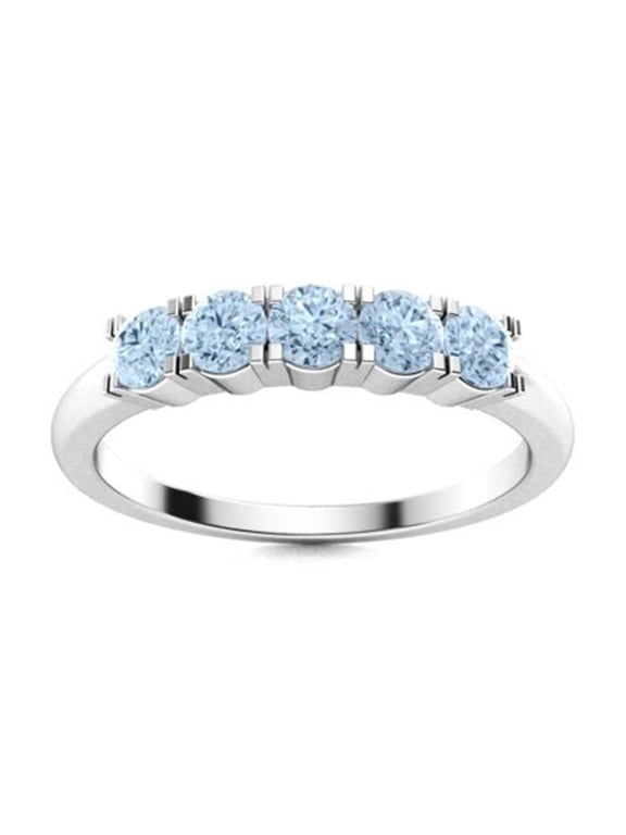 4mm Round Aquamarine 925 Sterling Silver Five Stone Women Stackable Valentines Day Gift Ring