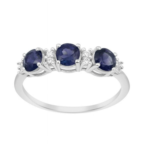 4mm Round Shape Blue Sapphire 925 Sterling Silver Three Stone Women Anniversary Ring