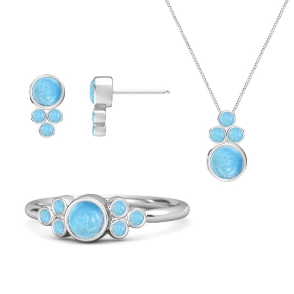 4mm Round Shape Larimar 925 Sterling Silver Mother's Day Gift Ring Earrings Pendant Set Ring Size 7