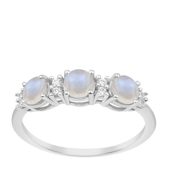 4mm Round Shape Moonstone 925 Sterling Silver Three Stone Women Anniversary Ring