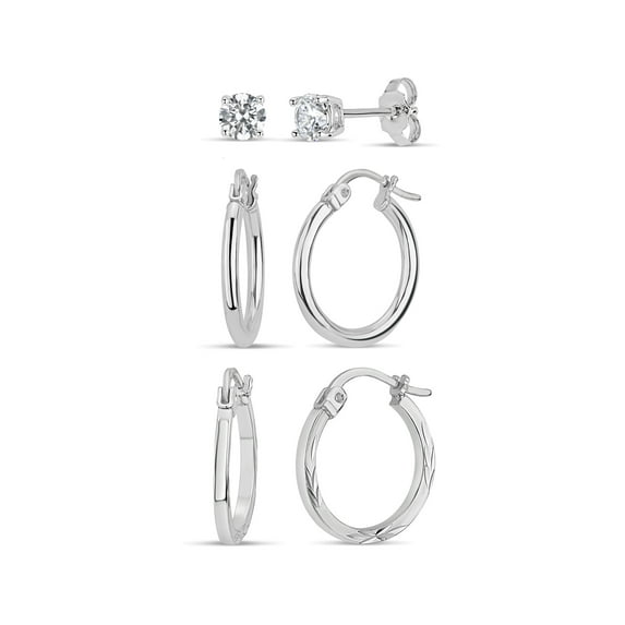 4mm Round White Cubic Zirconia Sterling Silver Studs and Diamond Cut Square Tubing Hoops and Polished Round Tubing Hoops Set Earrings