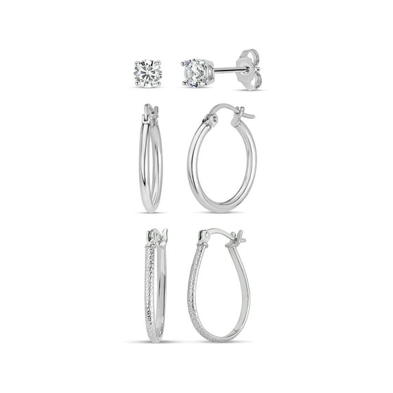 4mm Round White Cubic Zirconia Sterling Silver Studs and Pattern Pear shaped Hoops and Polished Round Tubing Hoops Set Earrings