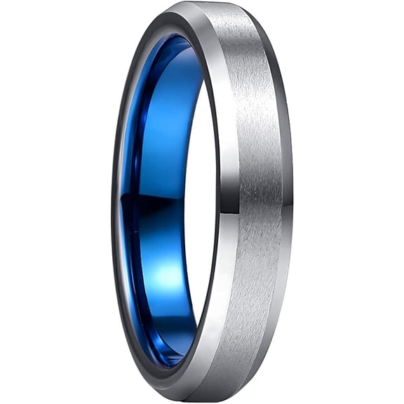 4mm Silver Blue Tungsten Rings for Men Matte Finish Two-Tone Wedding Band with Beveled Edges
