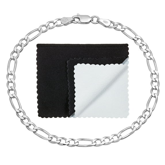 4mm Solid .925 Sterling Silver Flat Figaro Chain Anklet, 7.5 inches