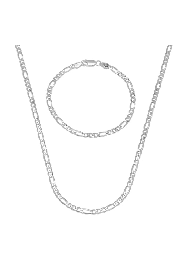4mm Solid .925 Sterling Silver Flat Figaro Chain Necklace + Bracelet Set, 30" (Necklace) + 9" (Bracelet)