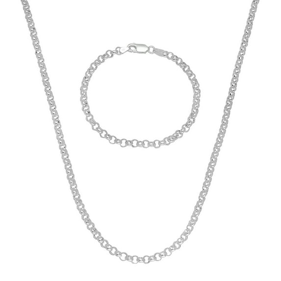 4mm Solid .925 Sterling Silver Round Rolo Chain Necklace + Bracelet Set, 16" (Necklace) + 8" (Bracelet)